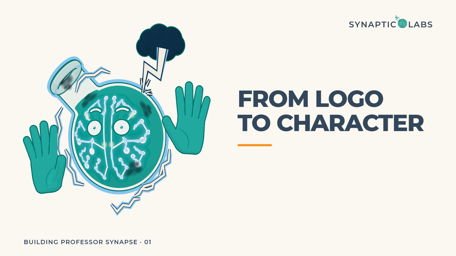 Studio-rendered Professor Synapse is struck by lightning beside From Logo to Character.