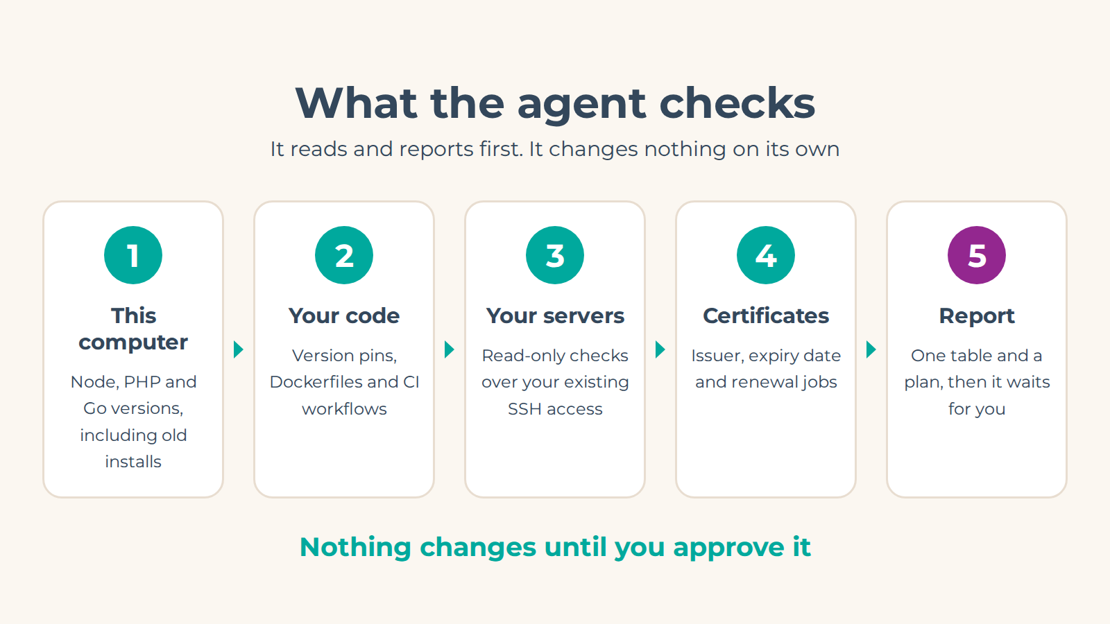 Five steps the agent follows: check this computer, read your code, check your servers, check your certificates, then report and wait for approval before changing anything.