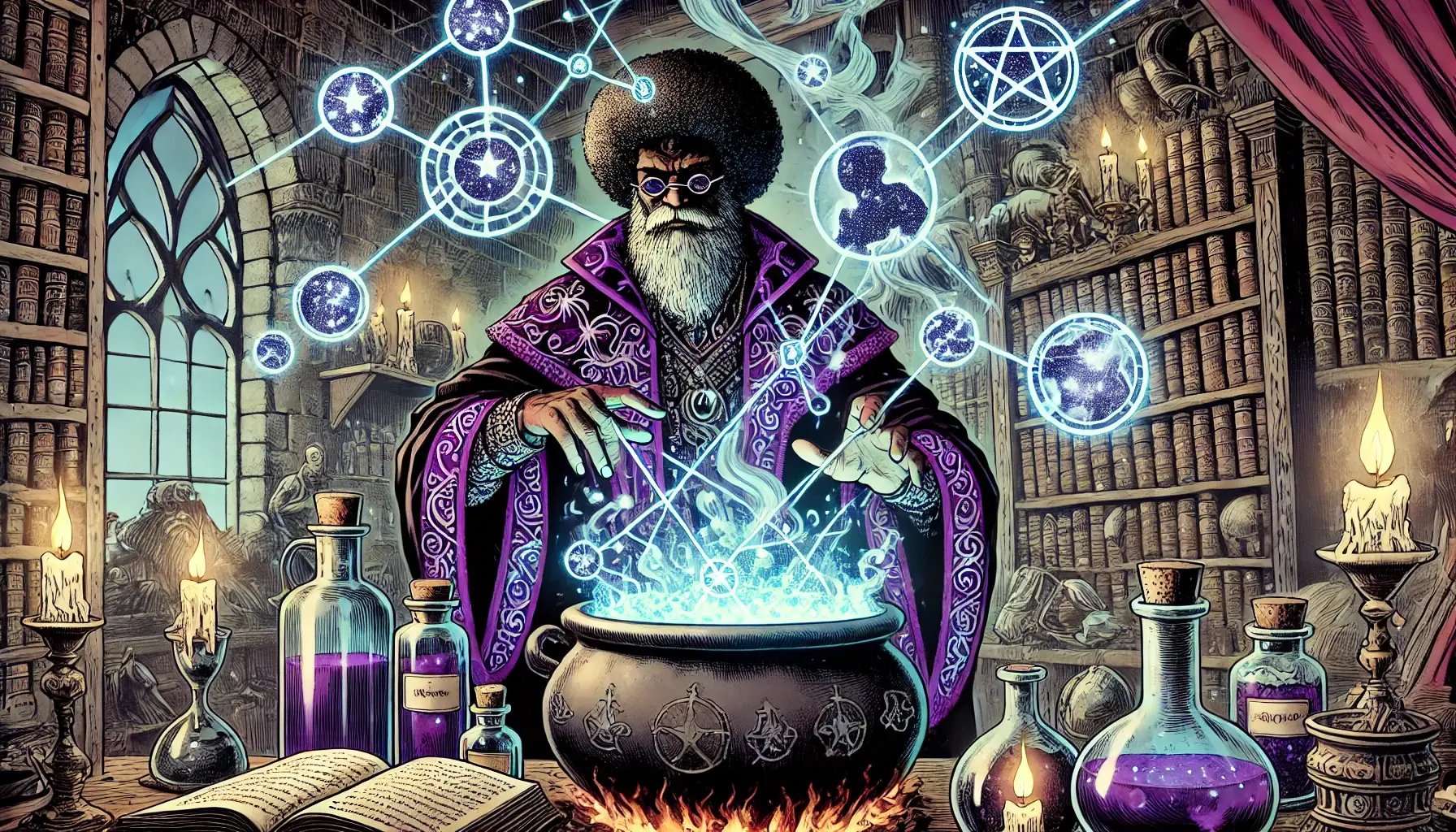Professor Synapse working on a potion in a cauldron.