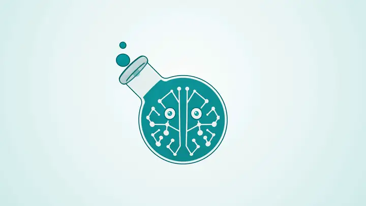 Animated clip of Professor Synapse, a teal flask with a circuit-brain face, struck by lightning: a storm cloud gathers, a bolt hits his bulb, he goes rigid and sooty, then shakes it off