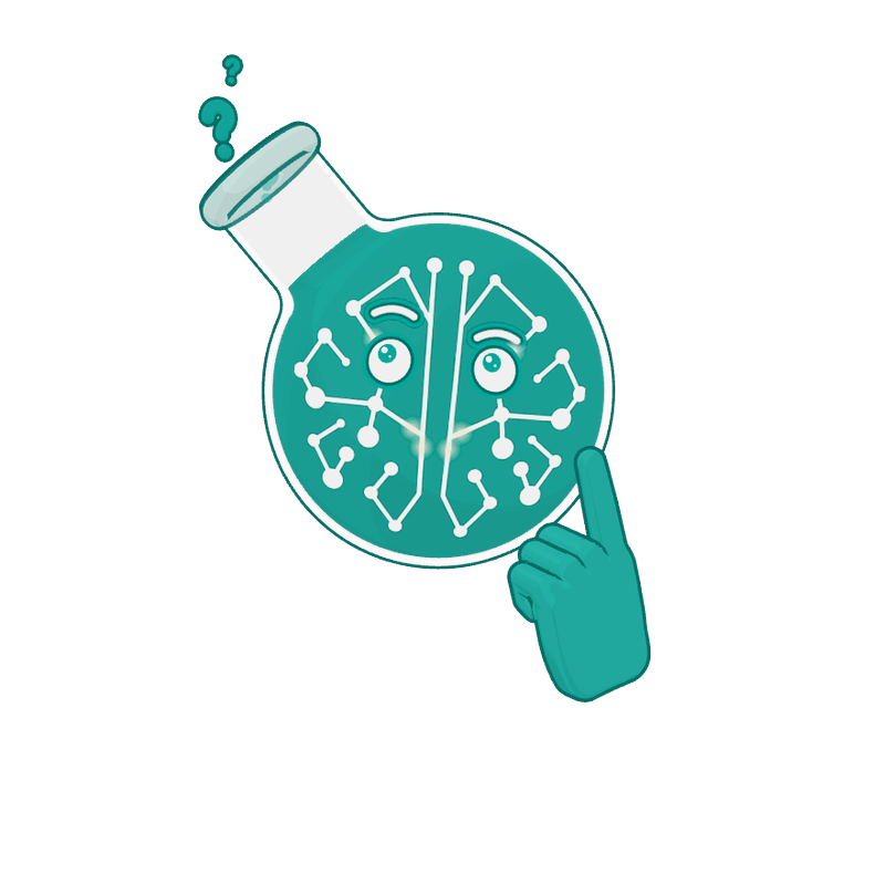 Professor Synapse as a brain in a flask, thinking with a finger on its chin