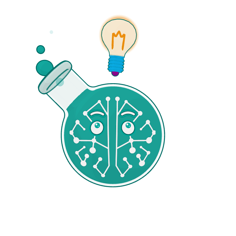 Professor Synapse looking up at a glowing lightbulb