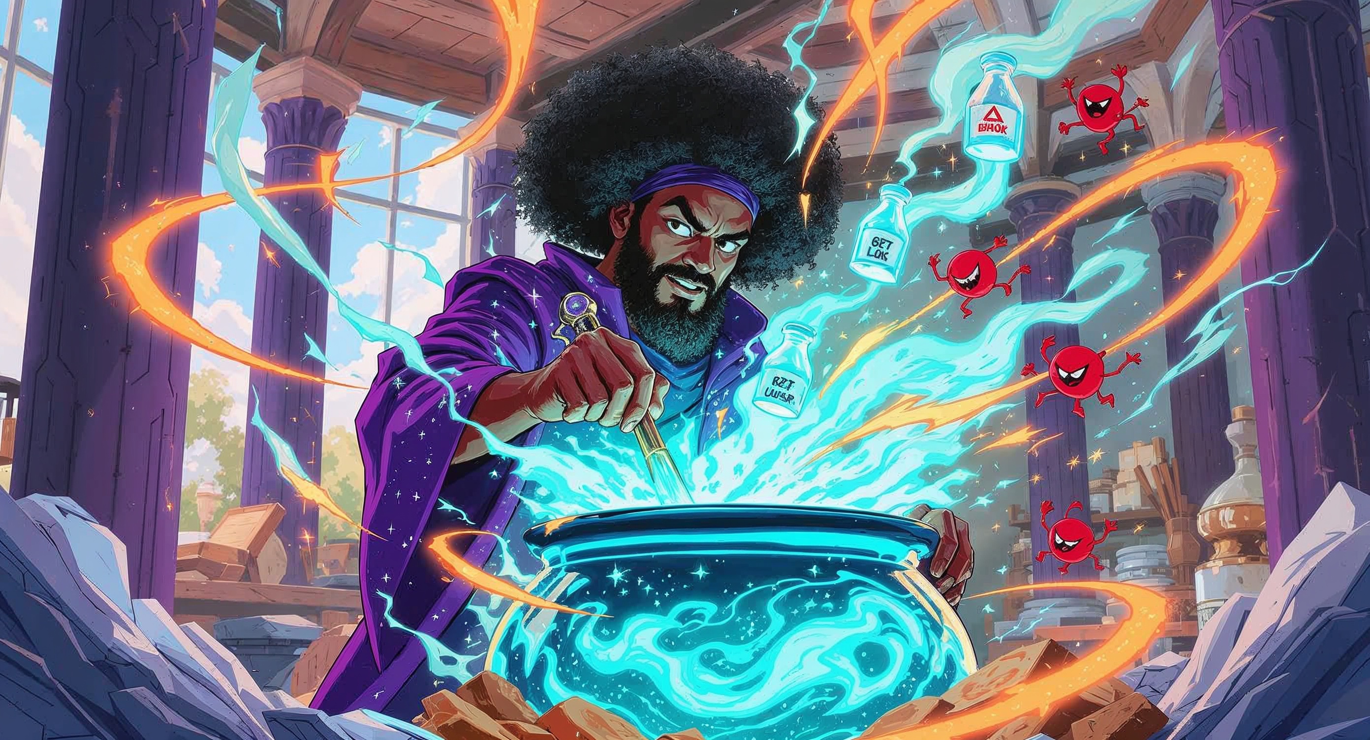 Professor Synapse working a potion over a cauldron