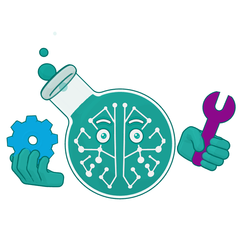 Professor Synapse holding a wrench and a gear